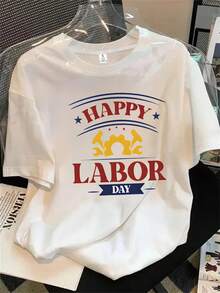 Camiseta de manga corta con cuello redondo para mujer con estampado "Feliz Día del Trabajo", apta para todas las estaciones. - Blanco - Ver 1