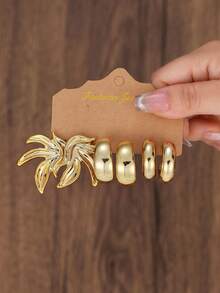 3pairs/9pairs Fashion Golden Plated Earrings Set, Vintage Flower, Hammered & Geometric, Women' Versatile Jewelry - Gold - View 4