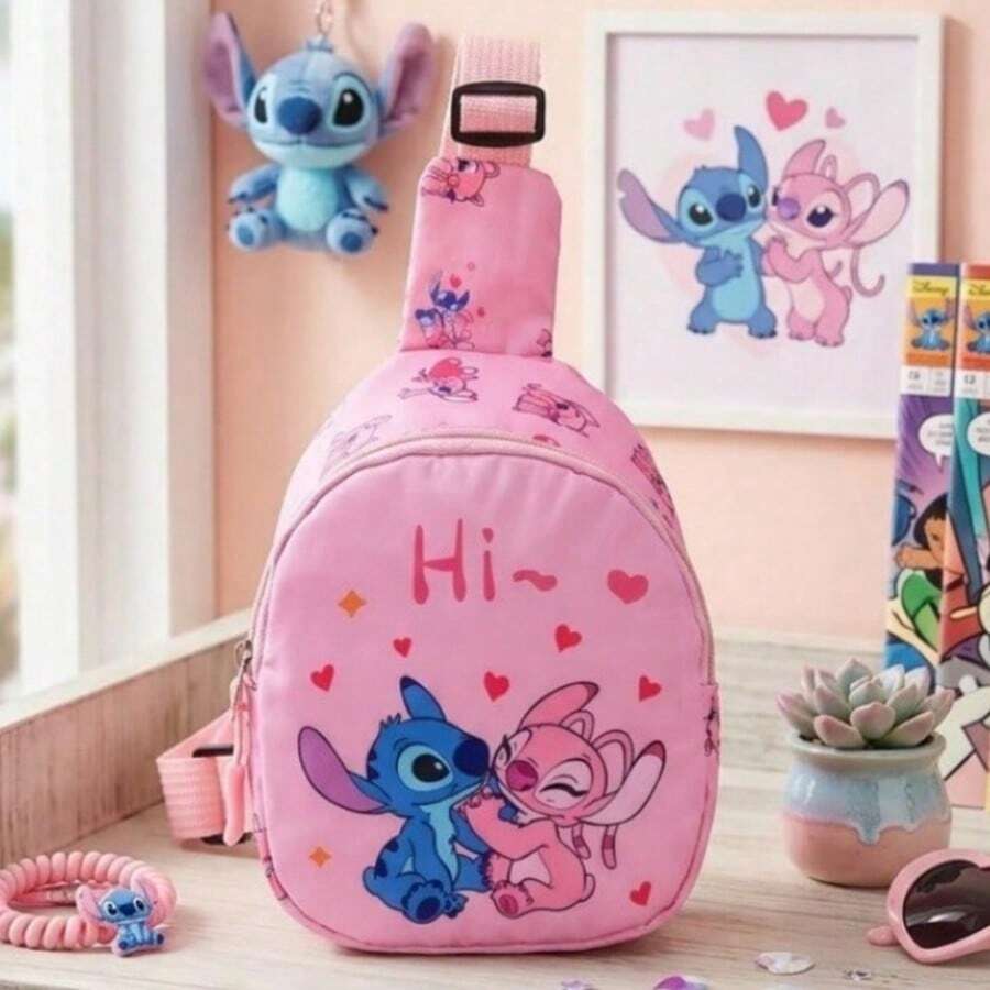 Official Stitch And Angel Crossbody Bag - Compact Multi-Pocket Chest Bag For Storing Essentials - "Lilo & Stitch" Pink Pattern Shoulder Bag - Lightweight Travel/Commute Bag Suitable For Theme Parks And Outdoor Activities - Fashionable Stitch Print - Multicolor - View 1