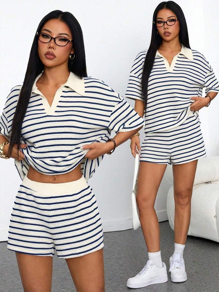 PETITE Conjunto de 2 piezas para mujer con camiseta de manga larga de hombros caídos y cuello en V a rayas holgada y pantalones a rayas con cintura elástica, conjunto de suéter de invierno, conjunto de salón a rayas de otoño/invierno de 2 piezas para mujer, conjunto casual de 2 piezas a rayas, conjunto cómodo de 2 piezas - Beis - Ver 1