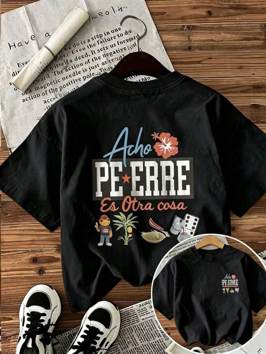 Top Oversize Primavera/Estate 2026, 100% Cotone, T-Shirt A Maniche Corte Da Donna, Stampa In Cotone Acho PE-ERAE, Girocollo A Tinta Unita, Morbido E Confortevole, Casual, Streetw - 黑色 - 查看 1
