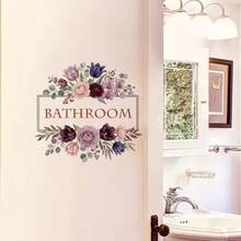 1pc Mori Style Watercolor Floral Bathroom Sticker, Purple Bouquet , Bathroom Door Sign Beautification Sticker - Multicolor - View 2