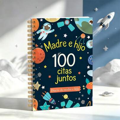 1 Pc 5.5x8.3 Inch 100 Dates Mother-Child Commemorative Notebook | Record Mother-Child Moments Diary | Space Cartoon Cover Design | Durable Spiral Binding | A5 Portable Size | 100 Date Themed Pages, Photo Sticker Area & Fun Rating Section | Record Cherished Moments Of Each Date | Romantic Gift For Mother's Day, Birthday | Notebook To Preserve Exclusive Memories, Back To School Season