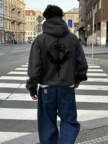 Striville Men's Casual Mysterious Compass & Wing Print Loose Fit Drawstring Hoodie Sweatshirt, Autumn/Winter - Dark Grey - View 1