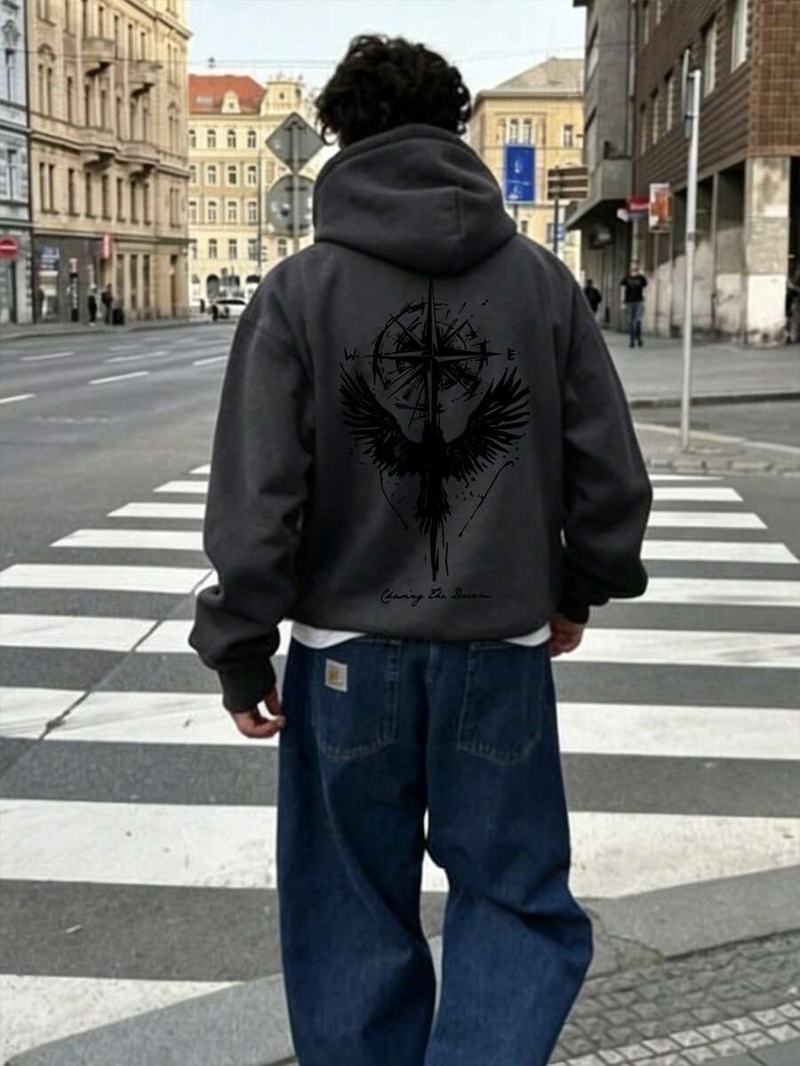 Striville Men's Casual Mysterious Compass & Wing Print Loose Fit Drawstring Hoodie Sweatshirt, Autumn/Winter - Dark Grey - View 1