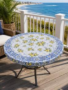 1pc-Summer Lemon Tile Fitted Tablecloth, Elastic Table Cover For Outdoor Patio And Indoor Dining, Wrinkle Resistant, Perfect For Summer BBQ, Pool Party, And Everyday Use - Multicolor - View 3