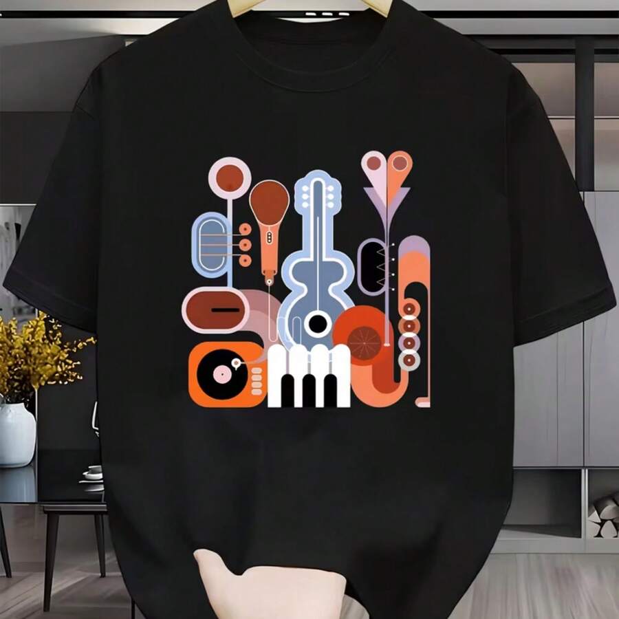 Men's T-Shirt With Abstract Musical Instrument Print, Short Sleeves And Round Neck, With Multicolored Patterns - Black - View 1
