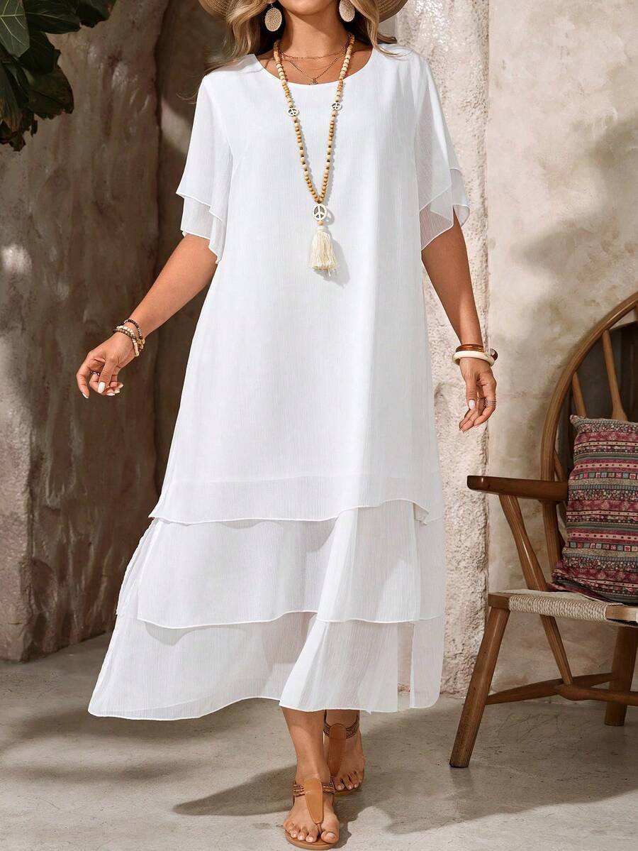 Vestido casual de talla, cuello redondo, sin botones, bajo asimétrico y fluido, estilo bohemio, adecuado para primavera y verano - Blanco - Ver 1