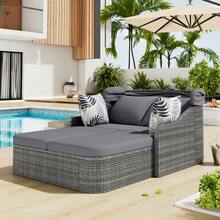 Sun Lounger, Garden Furniture, PE Rattan With Adjustable Canopy, Weather-Resistant Resin Wicker Patio Lounger, Double Lounge Set With 4 Cushions And Removable Covers For Garden, Pool, Grey - 灰色 - 查看 3