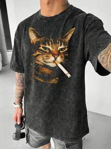大码猫咪图案水洗T恤。图案为一只喜欢抽烟的猫。高品质蜡染印花复古时尚品牌男士T恤 - 黑色 - 查看 2