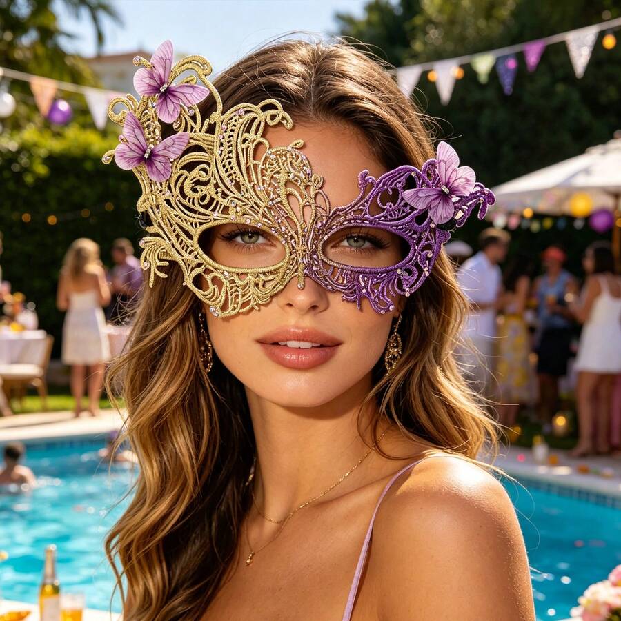 Halloween Rhinestone Butterfly Mask - Sparkling Butterfly Shape With Bright Rhinestone Embellishments, For Masquerade, Cosplay Dress Up - 紫色 - 查看 1