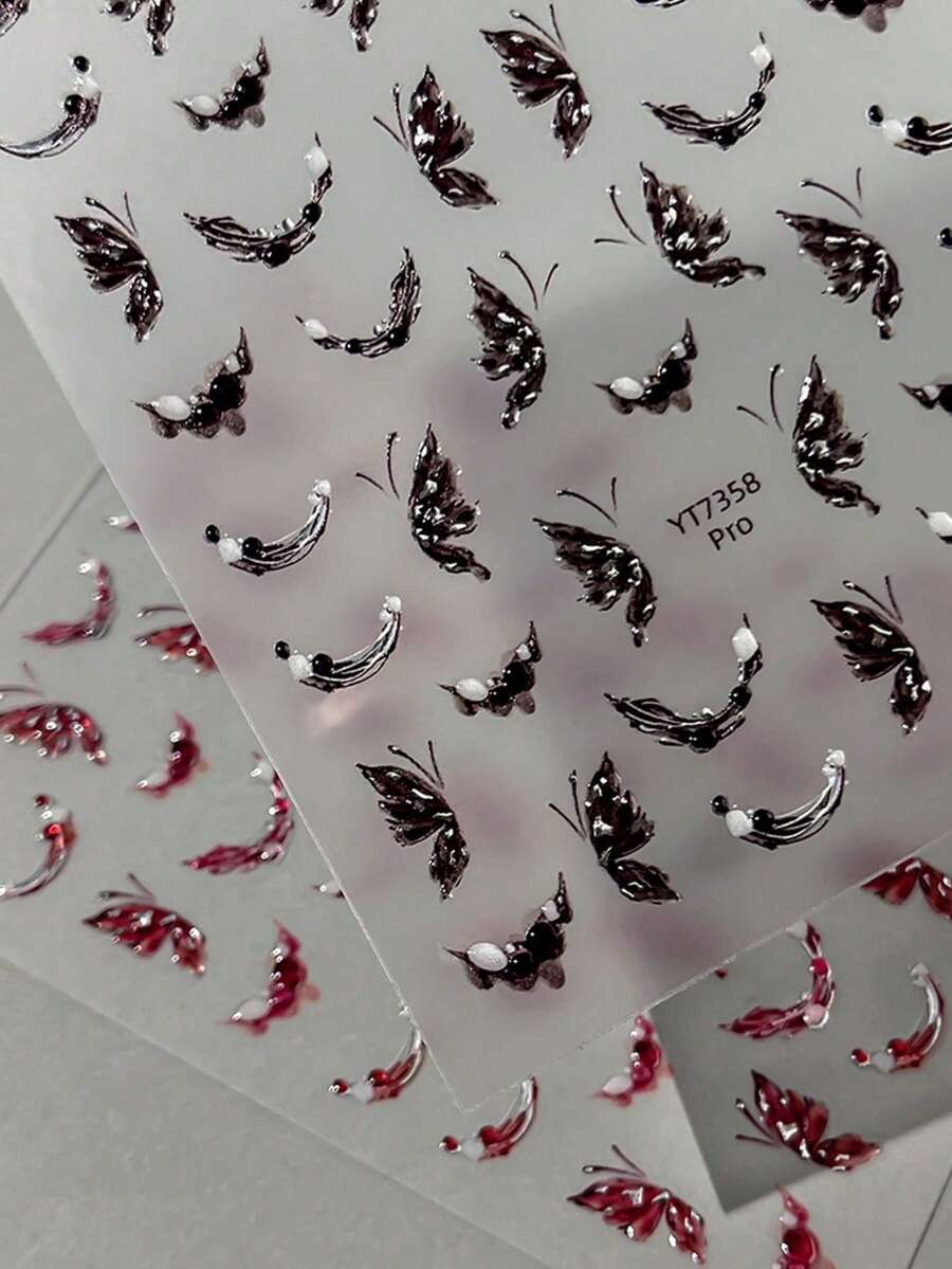 1張3D立體銀箔果凍蝴蝶美甲貼紙,精緻哥德式新月與黑色蝴蝶貼花,浮雕暗黑風美甲藝術貼紙,適用於DIY美甲 - 黑色 - 查看 1