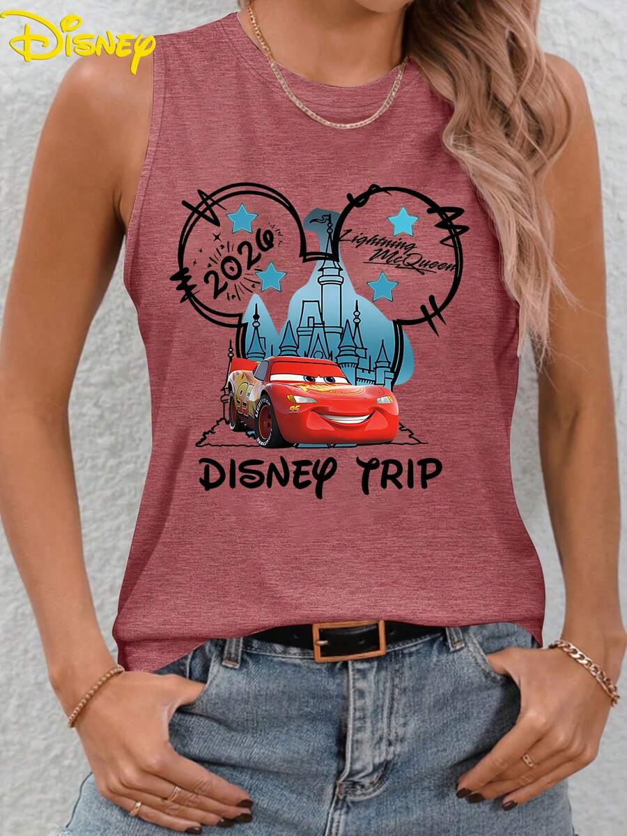 Disney Racing: Lightning McQueen Disney Travel Castle 2026 Printed Round Neck Sleeveless Tank Top, Women's Sports  Disney Vacation Casual Top, Summer Dress, Summer Top, Women's Top, Festival Tank Top, Women's Summer Top, Independence Day, Festival Dress, Gifts For Family And Friends, Women's Spring Dress, Officially Authorized Disney T-Shirt, Disney Men's And Women's Spring/Summer Fashion Casual Short Sleeve T-Shirt - Màu Hồng Tươi - Xem 1