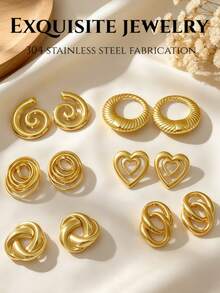12 Pieces / 6 Pairs. Summer Golden Ladies' Ear Ring Set. Includes Round Earrings With Double-Heart Hollow Design And Double-Loop Design. Suitable For Daily Vacation And Casual Wear. - Stainless Steel Set - View 1