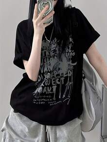 Camiseta de manga corta con estampado de letras Y2K para mujer, top holgado de estilo Ins para verano - Blanco - Ver 6