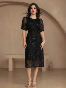 aDAZY Vestido de encaje bordado de alta gama, vestido de verano para mujer con cuello redondo y abertura lateral hasta la pantorrilla, elegante vestido de cóctel francés para fiestas, ropa de vuelta al colegio - Negro - Ver 1