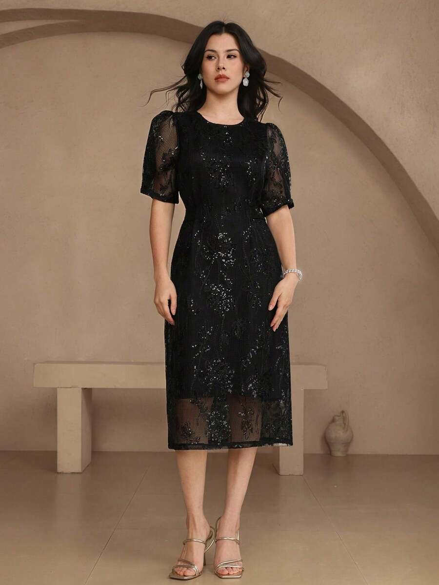 aDAZY Vestido de encaje bordado de alta gama, vestido de verano para mujer con cuello redondo y abertura lateral hasta la pantorrilla, elegante vestido de cóctel francés para fiestas, ropa de vuelta al colegio - Negro - Ver 1
