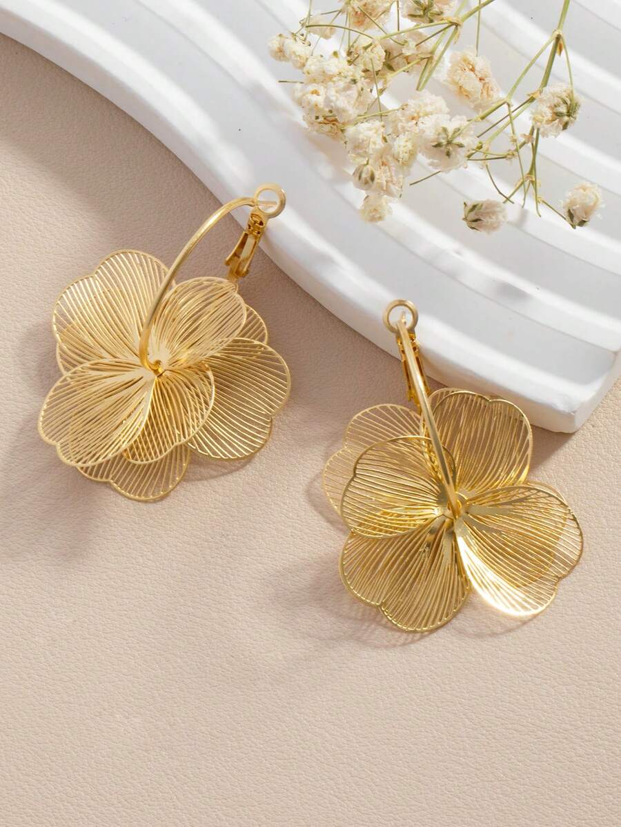 2pcs Elegant Gold Flower Stud Earrings | KC Gold Plated Zinc Alloy, Fashionable Style, Suitable For Daily Wear, Dates, Parties, Holidays, Gifts, And Various Occasions As Jewelry Accessories - Gold - View 1