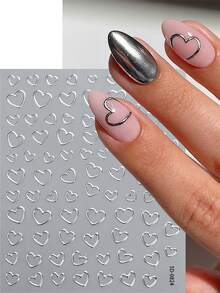 2pcs/Set 5D Metallic Silvery Heart&Ribbon Bow Nail Art Stickers Chic Silvery Hollow Heart Bowknot Nail Decal Self-Adhesive Manicure Silvery Heart Slider - Silver - View 6