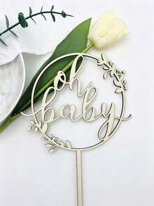 2/5pcs Oh Baby Cake Toppers - Wooden Baby Shower Cake Decor, Suitable For Rustic Gender Reveal Theme Baby Shower Cake Toppers - Khaki - View 6