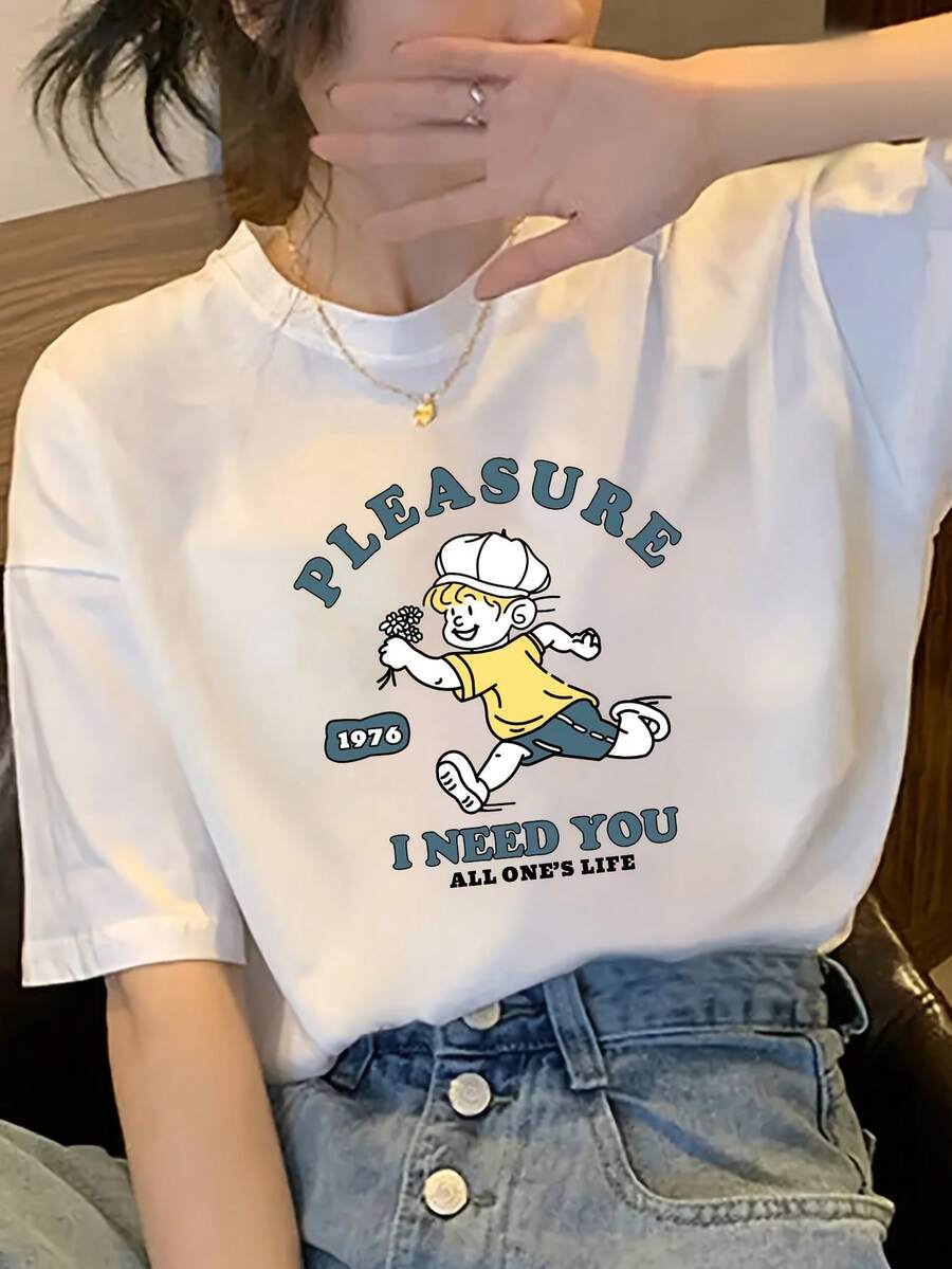 100% Cotton. Casual Short-Sleeved Printed T-Shirt. Women's Short-Sleeved Summer T-Shirt With A Fitted Design And Cartoon Print, Made Of Pure Cotton, Perfect As A Basic Top. Spring/Summer Top. - 白色 - 查看 1