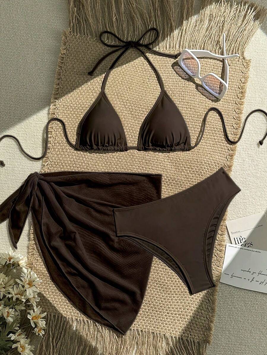 Swim Vcay Women's Halter Style Solid Color Bikini Swimsuit Set, Swimwear Set For Summer Beach Vacation - 寶藍色 - 查看 1