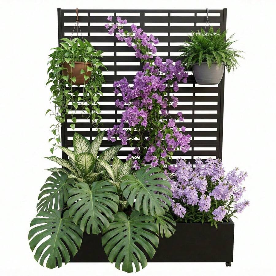 Jardinera elevada de metal con celosía y pantalla de privacidad - Drenaje integrado - Soporte robusto para plantas trepadoras, flores o vegetales - Patio o balcón - Negra - Rayas finas, con ruedas - Rayas gruesas de rejilla, con ruedas - Ver 1