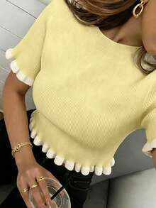 Top in maglia da donna elegante urbano moderno casual stile vacanza giallo pallido & bianco con volant e inserti, maniche corte, scollo tondo, camicetta casual da spiaggia estiva - Giallo - Visualizzare 2