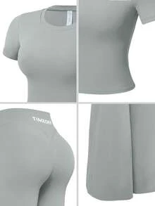 TimeOff 1套女款素色修身圓領短袖T恤與直筒褲運動套裝 - 灰色 - 查看 4