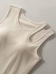 Atasan Tank Top Rajut Bergaris Wanita dengan Bantalan yang Dapat Dilepas, Rompi Bertali Berongga dengan Leher Bulat dan Bahu Terbuka, Pakaian Luar Serbaguna dan Bernapas - Aprikot - View 6