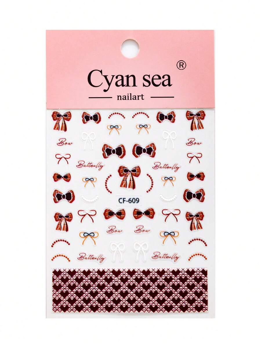 1pc Autumn/Winter Wind Brown Ribbon And Herringbone Pattern Nail Stickers, Y2K Style - Suitable For DIY Nail Art Creative Stickers, Cute Cartoon Stickers - Multicolor - View 1