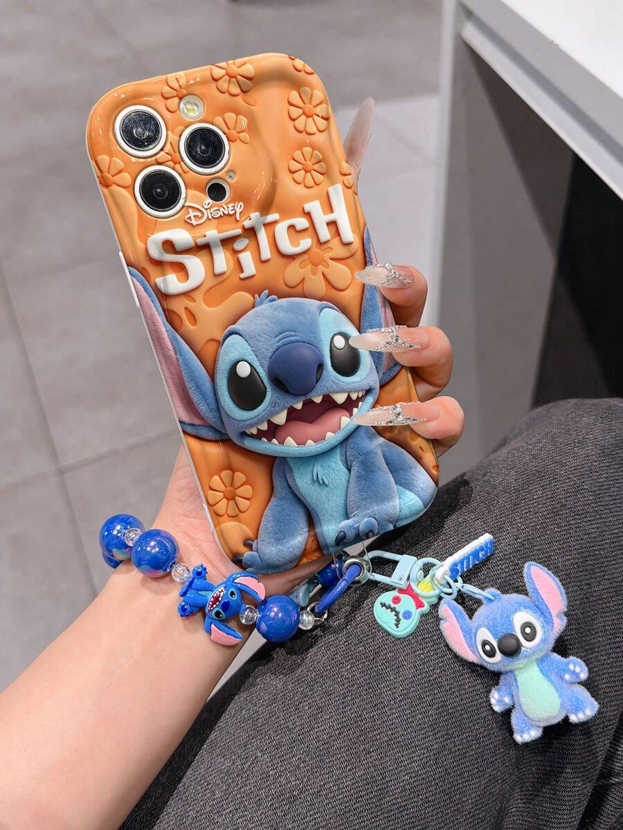 Disney Has Authorized, Phone Case - Chain Set, The Stitch Lilo & Stitch 3D Phone Case Plus A Silicone 3D Stitch Bracelet With Metallic Ring Removable Bracelet, Stitch And Angel Pattern, Compatible With Iphone17/16/15/14/13/12/11/XS/XR/X Plus Pro Max, A Stylish Cartoon Phone Case, The Perfect Gift Choice, Phone Protection, Durable Phone Cover, Great Gift For Friends And Family. - trắng - Xem 1