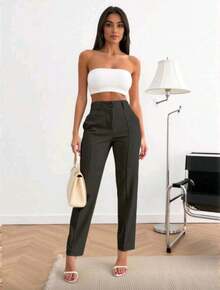 Women's Tailored Trousers, Social Casual, High-Waisted, Elegant And Comfortable, With Pockets And Covered Button. - 黑色 - 查看 3