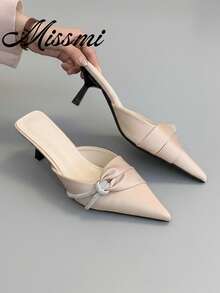 Sandalias de tacón alto de satén estilo francés para primavera/verano 2026, con puntera puntiaguda y decoración de rhinestones, color rosa - Rosa - Ver 1