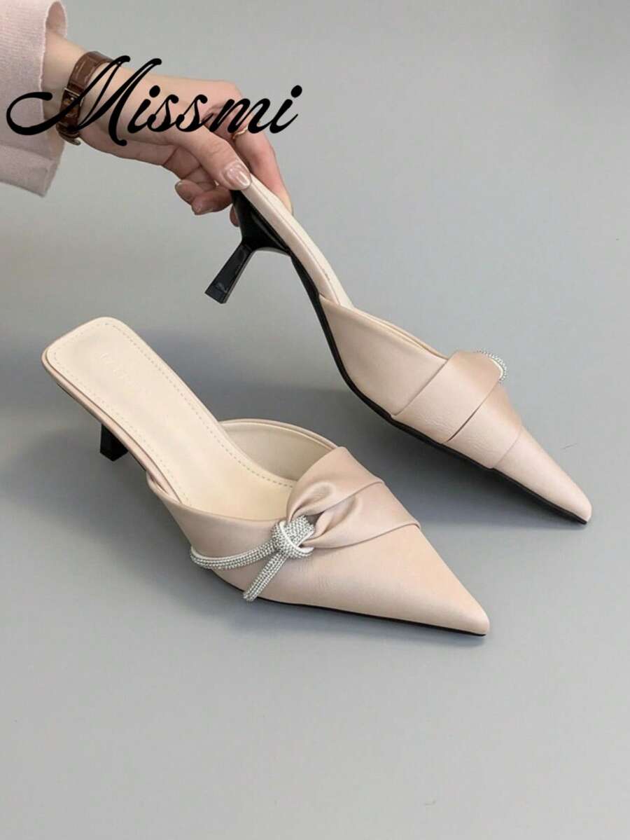 Sandalias de tacón alto de satén estilo francés para primavera/verano 2026, con puntera puntiaguda y decoración de rhinestones, color rosa - Rosa - Ver 1