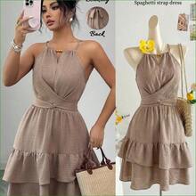 . .  Vestido mini ajustado y acampanado sin mangas con lazo elegante y cuentas para mujer, color caqui, primavera/verano - Naranja Quemada - Ver 6
