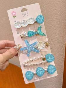 5 Pieces Women's Blue Starfish Shell Mermaid Tail Hair Clips For Ocean Vacation Duckbill Clips - Faux Pearl Glitter Romance Hair Clips For Daily Use - Blue - View 5