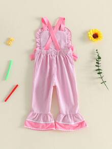 Mono de bebé niña para la vuelta al cole con bordado de Apple Pencil, mono a cuadros y bonitos pantalones con tirantes y lazo para niña pequeña. - Rosa - Ver 3