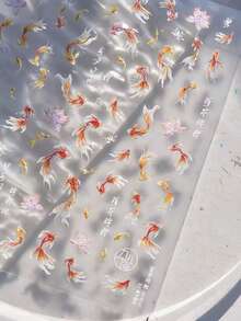 1 Sheet 5D Embossed Oriental Koi Lotus Relief Nail Stickers, Iridescent Shimmer Red Gold Mini Goldfish Water Lily Japanese Self-Adhesive Nail Decals, DIY Manicure Decoration For Home Salon Daily Spring Nail Art & Press On Nails Matching Accessories - Multicolor - View 5