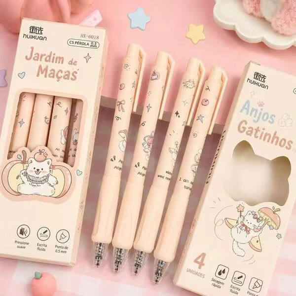 Kit 4 Canetas Gel Gatinho Kawaii 0.5mm Tinta Preta Secagem Rápida