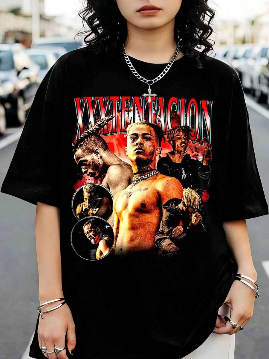 XXXTentacions Bootleg Style Graphic T-Shirt, Rapper Crew Neck T-Shirt, Black Short-Sleeved Casual Top For Fans - Black - View 1