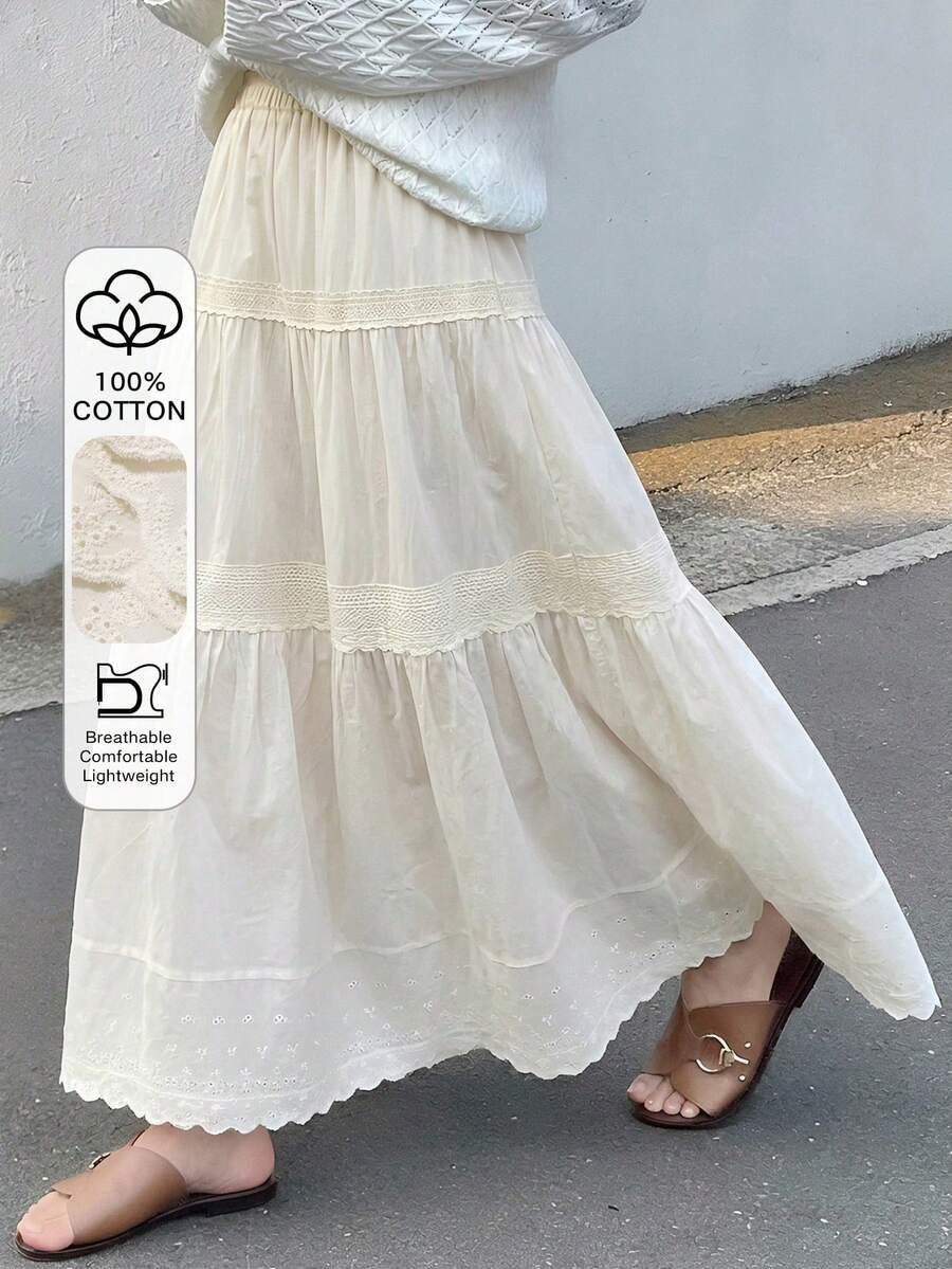 Flared Skirt With Contrasting Lace For Women - Apricot 2 - View 1