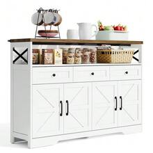 140cm Sideboard With Storage Space, Coffee Corner With 3 Drawers, Country-Style Console With Doors, Cupboards With Shelves, Ideal For The Kitchen, Living Room, Entrance Hall, Rustic White/Brown Style - 白色 - 查看 8