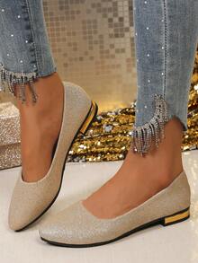 Zapatos elegantes de mujer con punta fina y tacón bajo, nuevo estilo de primavera, empeine bajo, zapatos de mamá, tallas grandes, zapatos para exteriores, zapatos de bailarina con punta fina - Dorado - Ver 6