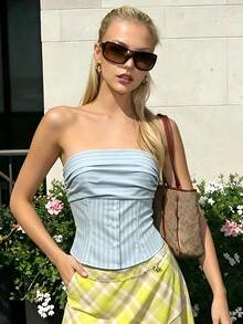 Women's Striped Tube Tops Summer Fashion Off The Shoulder Sleeveless Button Down Shirt - 藍色 - 查看 3