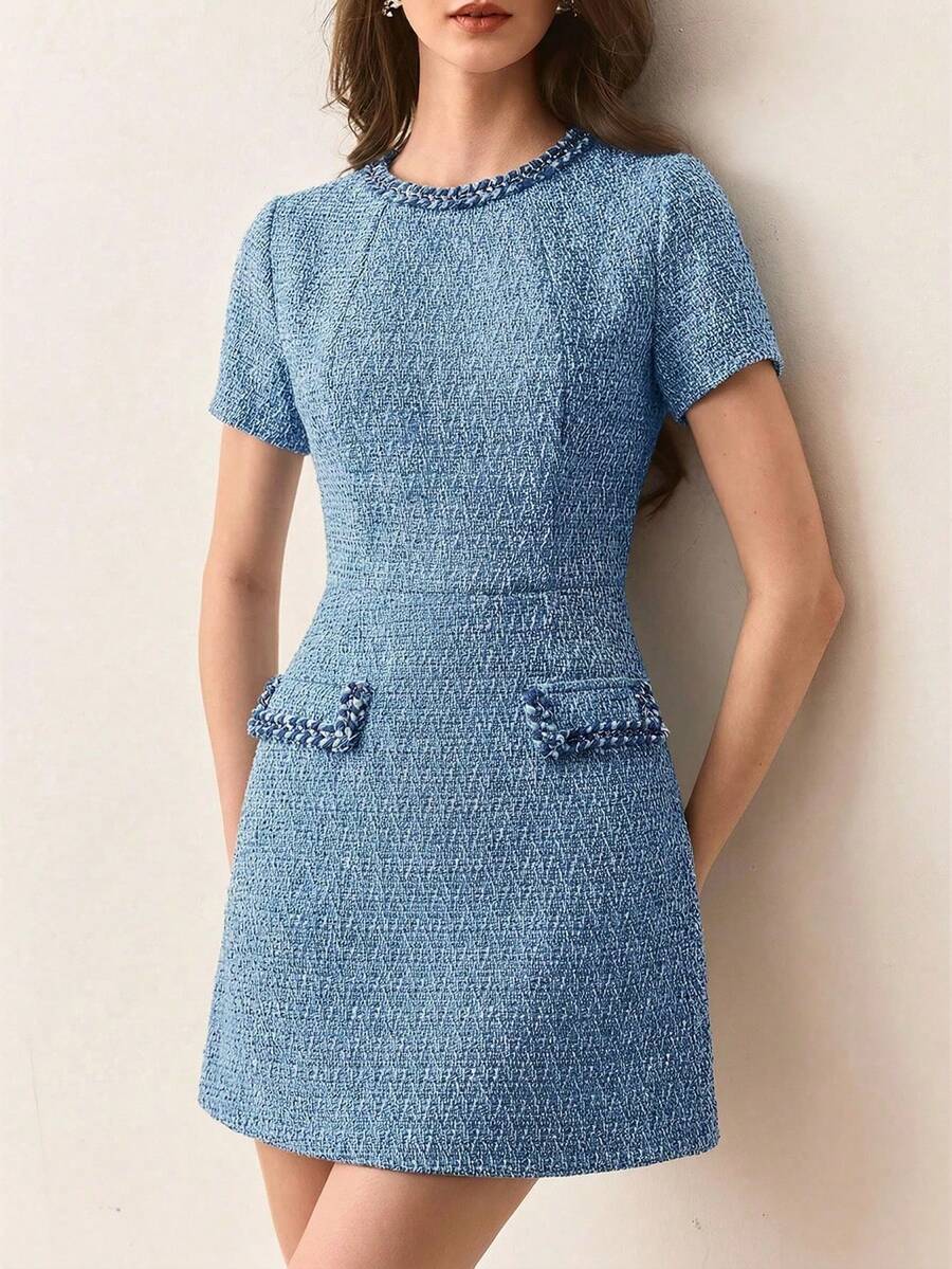 Vestido de manga corta minimalista, elegante y retro romántico con cuello redondo, cintura ceñida, decoración de cinta a juego y tejido de unicolor - Azul 2 - Ver 1