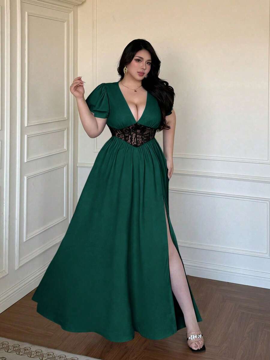 Vibekara Nuevo vestido de verano elegante con parches de encaje negro y cintura ceñida que reduce la edad - Verde - Ver 1