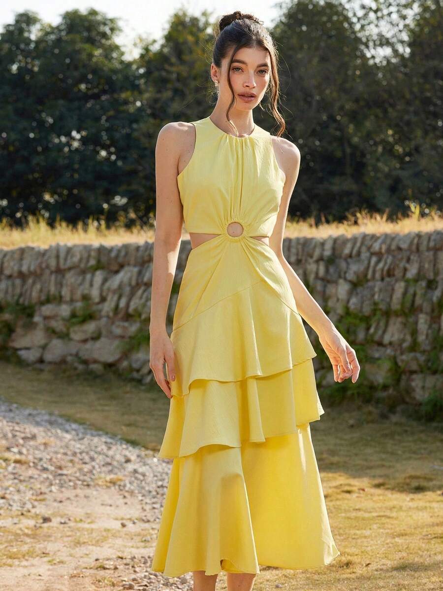 Aveloria Revavyn Vestido maxi de verano con volantes en multicapa y aro hueco, de color amarillo romántico - Amarillo - Ver 1