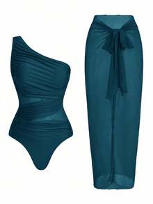 Swim Oasis Traje de baño de una pieza con panel de malla fruncida de unicolor y falda pareo - Lavado ligero - View 1