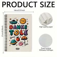 1pc Cute Cartoon Style Spiral Coil Notebook, Eye-Catching Cover With Colorful Letters, Sun, UFO Patterns, 100 Pages 50 Sheets, Suitable For Work Records, Study Notes, Daily Planning, Graduation Gift, Birthday Gift, Diary, Memo Writing - C - View 2